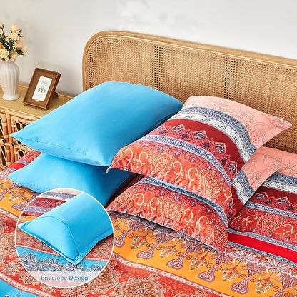 Coral Pink King Size Comforter Set Boho - 7 Pieces Floral Striped Comforter and Sheet Set, Soft Bed in a Bag Complete Bedding Sets for All Season(Coral Pink, King)