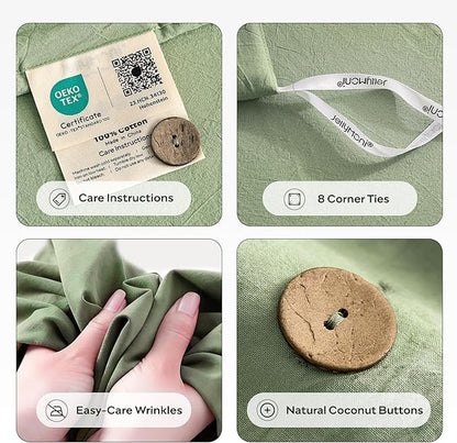 JELLYMONI 100% Washed Cotton Duvet Cover Queen – Soft, Breathable Linen-Look Bedding with Natural Wrinkle Texture, Button Closure, 3-Piece Set (Mint Green, 90"x90")