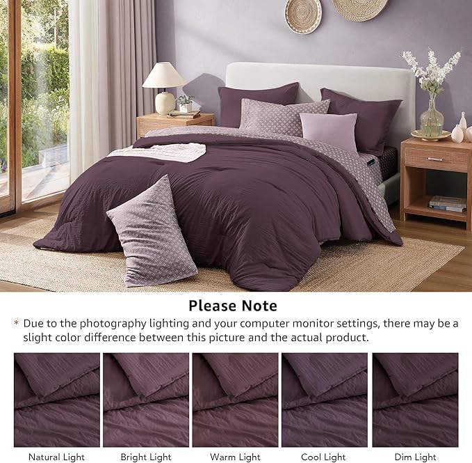 Monbix Full Size Comforter Set - 7 Pieces ltalian Plum Prewashed Bed in a Bag Full Bedding Sets with Comforters, All Seasons Comforter Bed Set with Sheets, Pillowcases & Shams