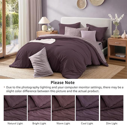 Monbix King Size Comforter Set - 7 Pieces ltalian Plum Prewashed Bed in a Bag King Bedding Sets with Comforters, All Seasons Ultra Soft Comforter Bed Set with Sheets,Pillowcases & Shams