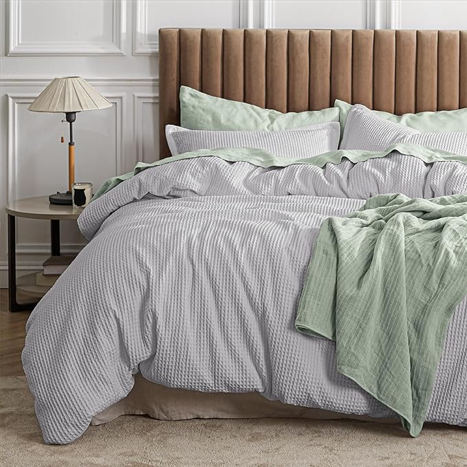 Bedsure Waffle Comforter Set Queen, Grey Soft Bedding, Waffle Weave Bed Set, 3 Pieces, 1 Comforter (90"x90") and 2 Pillow Shams, Cotton Shell and Polyester Lining for All Seasons