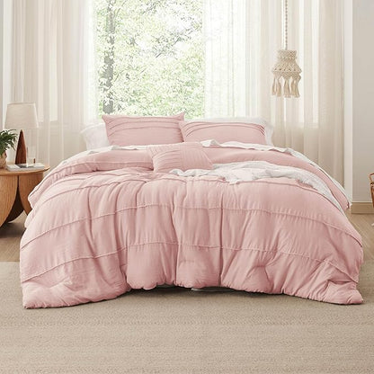 Bedsure Full Comforter Set - 4 Pieces Pinch Pleat Bed Set, Light Pink Boho Bedding for All Season, 1 Soft Comforter, 2 Pillowcases, 1 Decorative Pillow