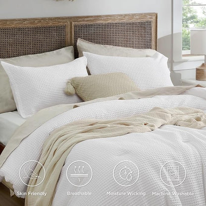 Bedsure Waffle Comforter Set California King, White Soft Bedding, Waffle Weave Bed Set, 3 Pieces, 1 Comforter (104"x96") and 2 Pillow Shams, Cotton Shell and Polyester Lining for All Seasons