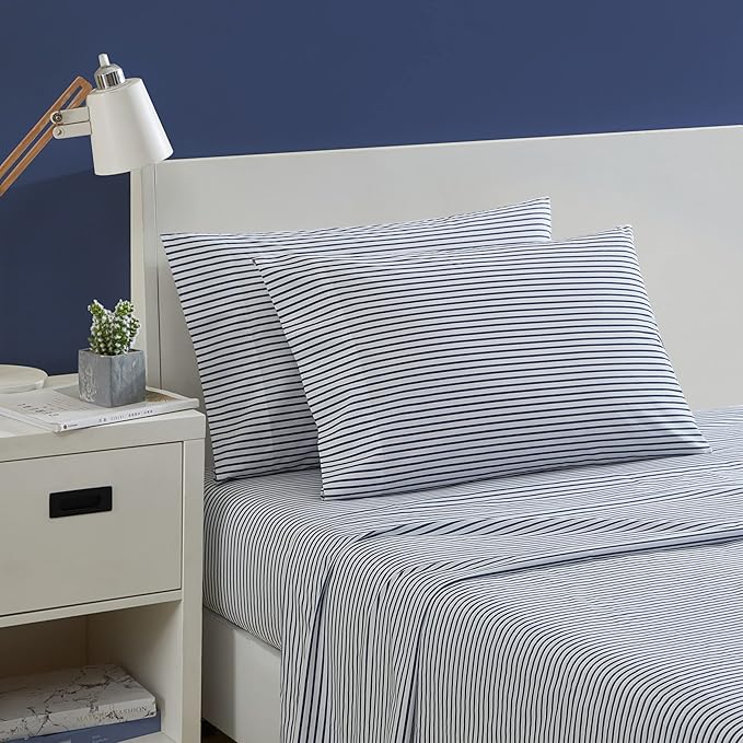 Nautica- King Sheet Set, Cotton Percale Bedding Set, Crisp & Cool, Lightweight & Breathable (Harmead Navy, King)