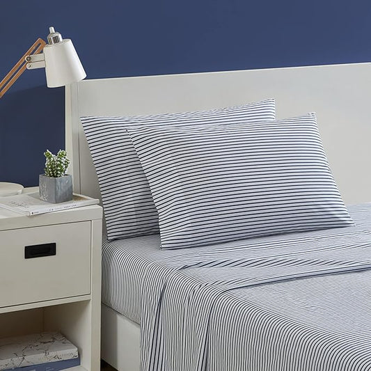 Nautica- King Sheet Set, Cotton Percale Bedding Set, Crisp & Cool, Lightweight & Breathable (Harmead Navy, King)
