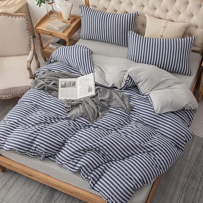 PURE ERA Jersey Knit Duvet Cover Set 100% T-Shirt Heather Cotton Super Soft Comfy Classic Striped Design, with Zipper Closure, Heather Grey Blue Stripe, Queen