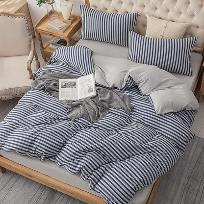 PURE ERA Jersey Knit Duvet Cover Set 100% T-Shirt Heather Cotton Super Soft Comfy Classic Striped Design, with Zipper Closure, Heather Grey Blue Stripe, Queen