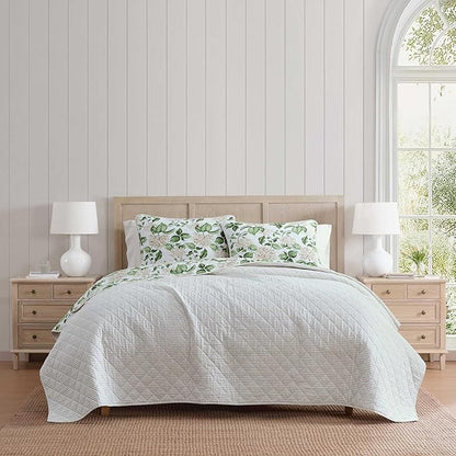 Martha Stewart - King Quilt Set, 100% Soft Cotton Floral Bedding for Year Round Comfort, 3 Piece Bed Set with Matching Pillowcases (Hydrangea Floral Beige)