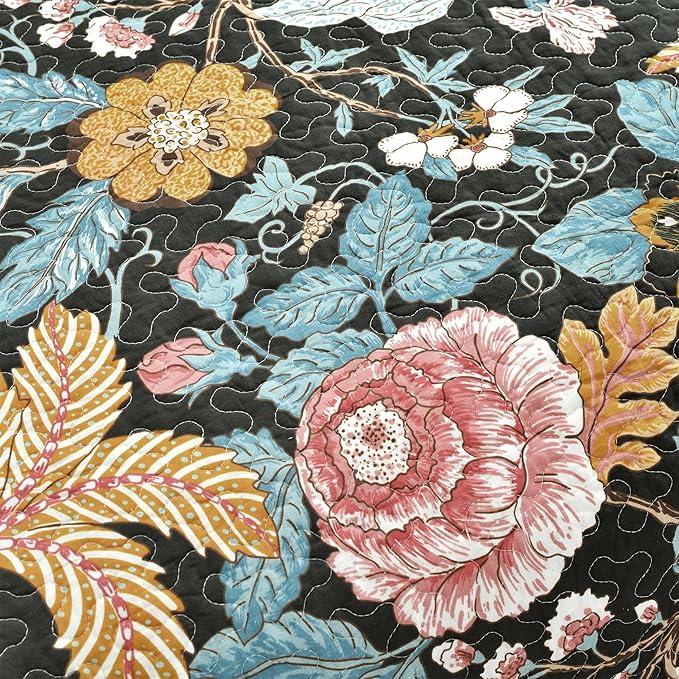 Lush Decor Sydney Reversible Cotton Quilt Set, 3 Piece Set, Full/ Queen, Black & Blue - Cotton Bedding Set - Black Floral Quilt - Cottage Decor - Bedding Queen Size