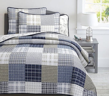 Cozy Line Home Fashions Benjamin Cute Dinosaur Plaid Navy Blue White Grey Bedding Quilt Set 100% Cotton Reversible Coverlet Bedspread Set for Kids Boy (Queen - 3 Piece)