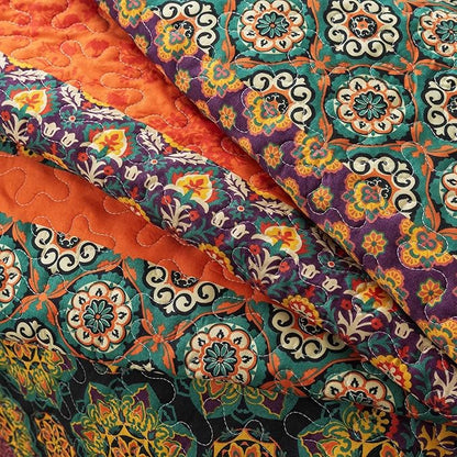 Travan Boho Stripe Quilt Sets Floral Printed Reversible Soft Bohemian Bedding Set with Shams for All Season, Orange Red Stripe, Queen Size