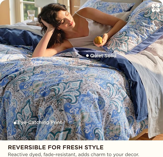 Bedsure Duvet Cover Queen Size - 100% Cotton Reversible Classic Paisley Damask Pattern Duvet Cover Set, 3 Pieces Soft & Breathable PureWoven Bedding Set with 2 Pillow Shams (Blue Paisley 104"x90")