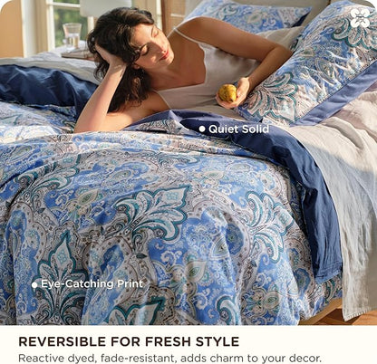 Bedsure Duvet Cover Queen Size - 100% Cotton Reversible Classic Paisley Damask Pattern Duvet Cover Set, 3 Pieces Soft & Breathable PureWoven Bedding Set with 2 Pillow Shams (Blue Paisley 90"x90")