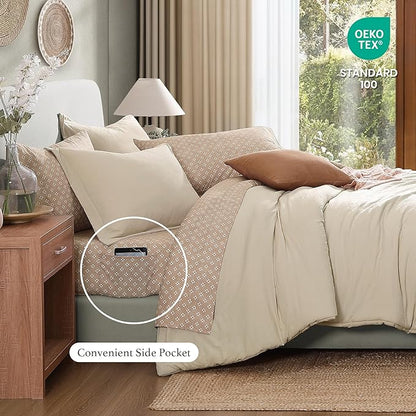 Monbix Queen Comforter Set - 7 Pieces Oatmeal Prewashed Bed in a Bag Queen Bedding Sets with Comforters, All Seasons Ultra Soft Comforter Bed Set with Sheets,Pillowcases & Shams