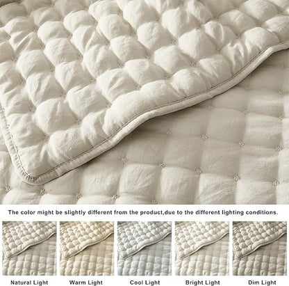 WDCOZY Beige Queen Size Quilts Bedding Sets with 2 Pillow Shams, Neutral Lightweight Soft Bedspread Coverlet, Quilted Blanket Thin Comforter Bed Cover for All Season, 3 Pieces, 90x90 inches