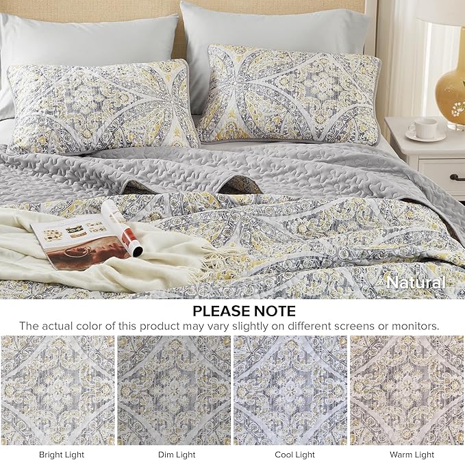 Comfort Spaces Boho Quilt Set King Reversible Vermicelli Quilting King Size Bed, All Season, Lightweight, Coverlet Winter Layer Bedding, Shams, Gloria, King Grey/Yellow 3 Piece