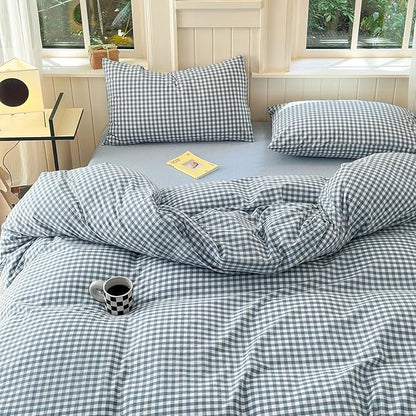 Blue Gingham Duvet Cover Queen 100% Washed Cotton Blue White Plaid Duvet Cover Reversible 3 Pieces Buffalo Grid Comforter Cover with 2 Pillowcases Luxury Soft Gingham Plaid Bedding Set Breathable