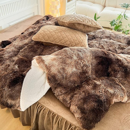 Luxury Faux Fur Shaggy Comforter Set Twin Size, Plush & Sherpa Reversible Comforter Tie Dye Coffee, 3 Pieces Fluffy Fuzzy Bedding Set Ultra Soft and Warm for Winter (1 Comforter + 2 Pillowcases)