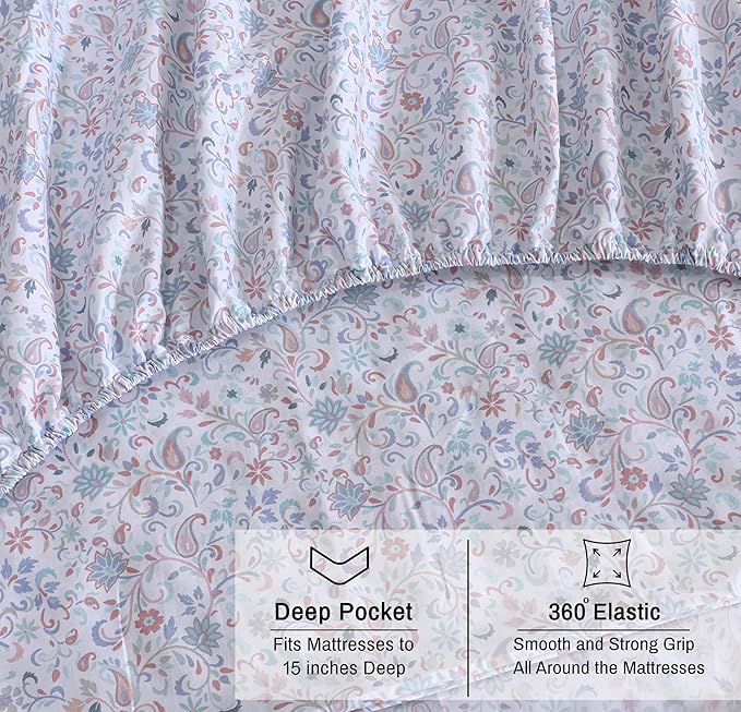 RUVANTI 100% Organic Cotton Sheets Twin XL, Percale Weave, GOTS Certified, 3-Piece Set, Deep Pocket 15", Crisp & Breathable, Soft Durable Bedding, Sábanas Algodón Orgánico – Multi Paisley
