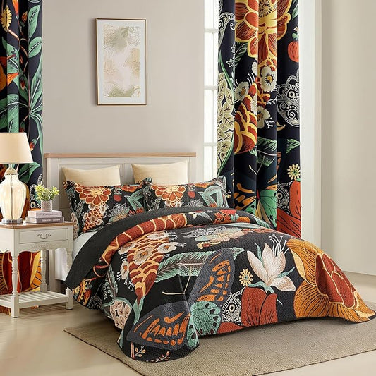 3 Piece Black Boho Floral King Size Quilt Sets Reversible Farmhouse Botanical Lightweight Bedspread Coverlet with 2 Shams Butterfly Microfiber Bedding Quilts Set for All Season, 106''x96''