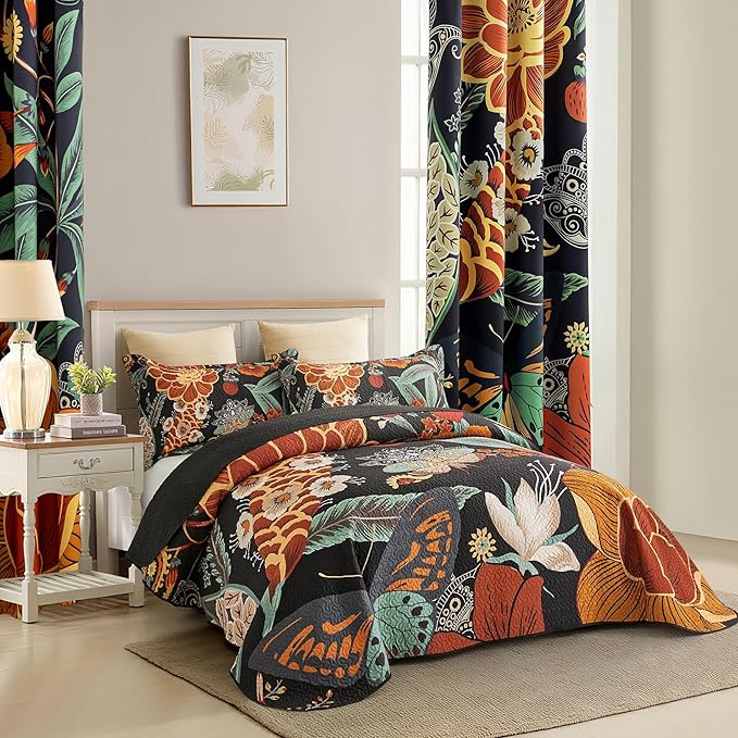 3 Piece Black Boho Floral Californial King Quilt Sets Reversible Farmhouse Botanical Lightweight Bedspread with 2 Shams Butterfly Microfiber Bedding Quilts Set for All Season, 118''x106''