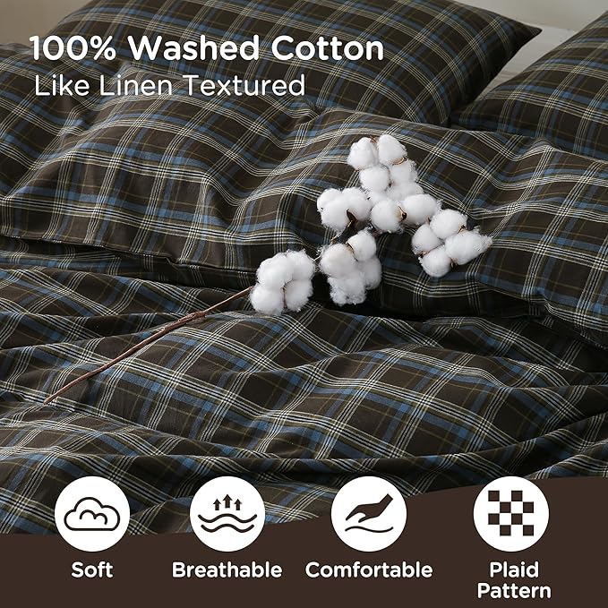 TOCOMOA Buffalo Plaid Duvet Cover Set 100% Washed Cotton Like Linen Feel Super Soft Comfy 3 Piece Brown Blue Gingham Checkered Bedding Comforter Cover Set (Queen 90"x90", Comforter Not Included)