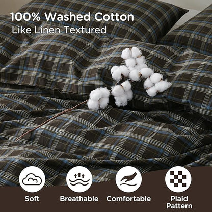 TOCOMOA Buffalo Plaid Duvet Cover Set 100% Washed Cotton Like Linen Feel Super Soft Comfy 3 Piece Brown Blue Gingham Checkered Bedding Comforter Cover Set (Queen 90"x90", Comforter Not Included)