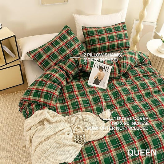 ECOCOTT Buffalo Plaid Duvet Cover Queen Size– 3 Piece Green Checkered Bedding Set, 100% Washed Cotton, Soft Breathable Reversible Design with Zipper Closure & Corner Ties