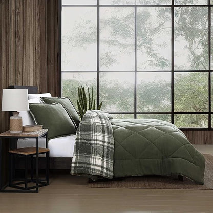 Eddie Bauer - Twin Comforter Set, Microsuede Bedding with Soft Plush Faux Shearling Reverse, 2 Piece Bed Set with Matching Pillowcase (Big Lake Plaid Green)