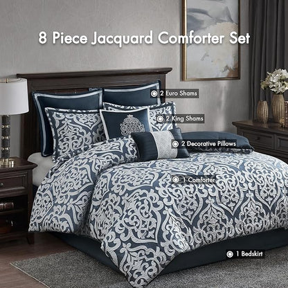 Madison Park Odette Cozy Comforter Set Jacquard Damask Medallion Design - Modern All Season, Down Alternative Bedding, Shams, Decorative Pillows, King(104 in x 92 in), Navy 8 Piece
