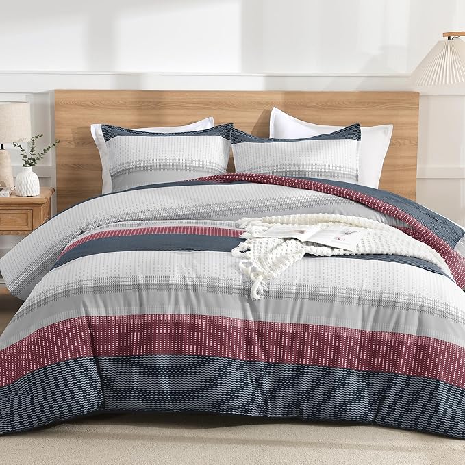 Litanika Comforter Set King Size Red Blue - 3 Pieces Lightweight Colorblock Stripe Fluffy Bedding Comforter Sets, All Season Bed Set