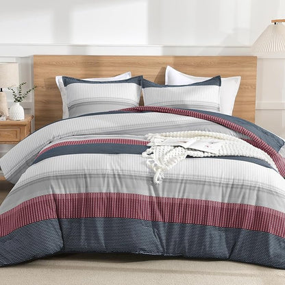 Litanika Comforter Set King Size Red Blue - 3 Pieces Lightweight Colorblock Stripe Fluffy Bedding Comforter Sets, All Season Bed Set