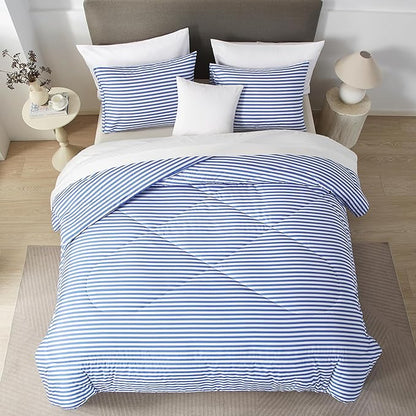 mixinni Striped Comforter Set Full Size - Blue Stripes Pattern Bed Set for All Season, 3 Pieces Lightweight Bedding Comforter Sets for All Seasons (1 Soft Fluffy Comforter + 2 Pillowcases)
