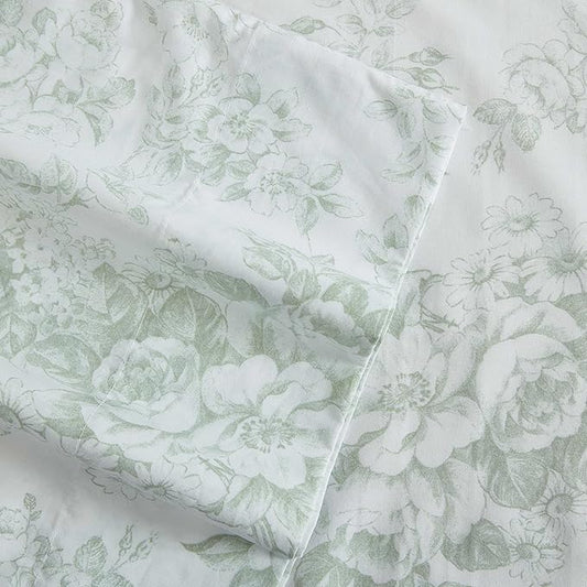 Laura Ashley - Queen Sheets, Cotton Percale Bedding Set, Lightweight & Breathable Home Decor (Toile Delight Green, Queen)