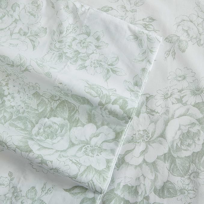 Laura Ashley - Twin XL Sheets, Cotton Percale Bedding Set, Lightweight & Breathable Home Decor (Toile Delight Green, Twin XL)