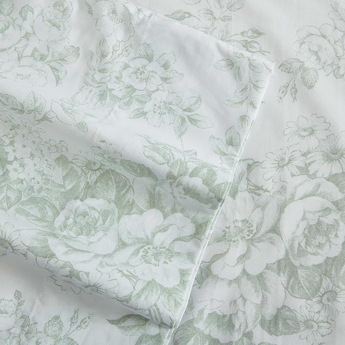 Laura Ashley - Twin Sheets, Cotton Percale Bedding Set, Lightweight & Breathable Home Decor (Toile Delight Green, Twin)