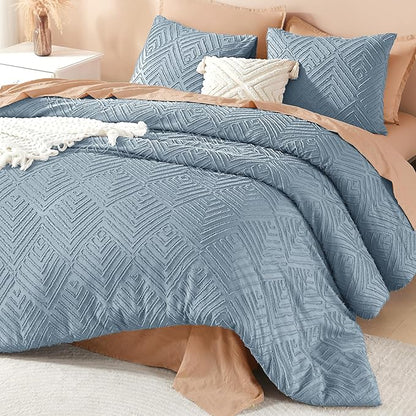 Litanika Grayish Blue Queen Comforter Set, 3 Pieces Tufted Boho Farmhouse Bedding Comforter Sets, Lightweight Fluffy Comforter Bed Set for All Season (90x90In Comforter and 2 Pillowcases)
