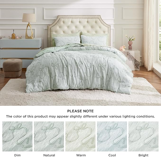 Bedsure Sage Green Comforter Set Queen, GentleSoft™ 3 Pieces Breathable Bow Comforter Set Women Girls with 2 Pillow Shams, Cute Queen Bedding Sets Room Decor Aesthetic Bedroom Decor, 90x90 Inches