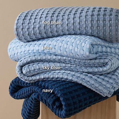 Bedsure Cooling Cotton Waffle Queen Size Blanket - Lightweight Breathable Blanket of Rayon Derived from Bamboo for Hot Sleepers, Luxury Throws for Bed, Couch and Sofa, Sky Blue, 90x90 Inches