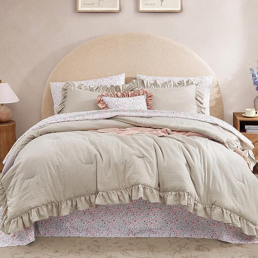Twin XL Comforter Set - 5 Pieces Ruffle Birch Bedding Sets, Shabby Chic Farmhouse Bed in a Bag Twin XL with Ruffle Comforter, Floral Sheets, Pillowcases & Shams