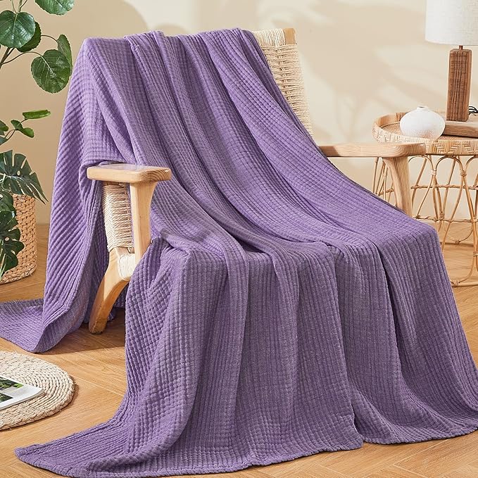EMME Cotton Muslin King Blanket Bed Layering Bedspread Coverlet Breathable Gauze Soft Lightweight (Heather Purple, 108"x90")