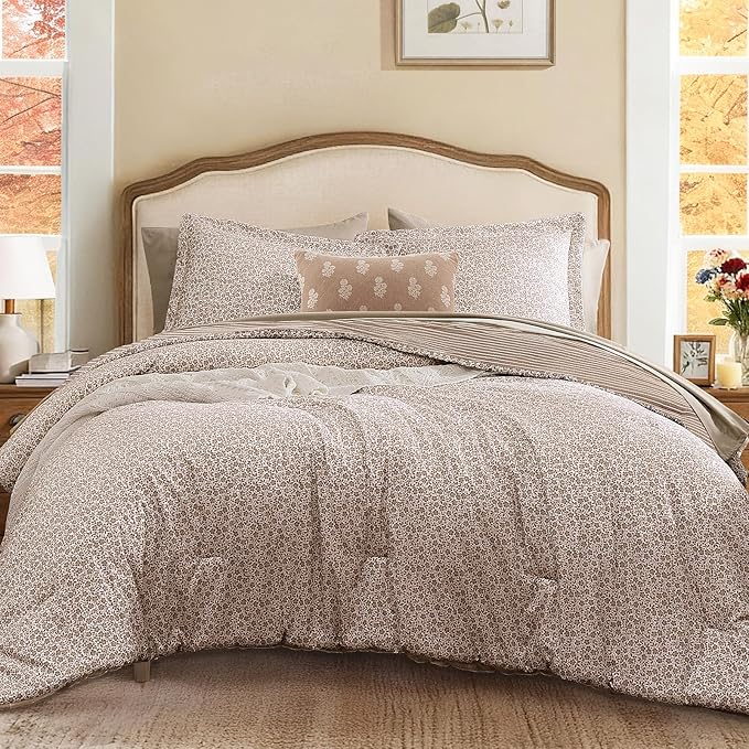 Full Comforter Set - 7 Pieces Dark Brown Gauze Muslin Bedding Sets for All Seasons, Lightweight Breathable Bed in a Bag Full with Revesible Farmhouse Comforter, Sheets, Pillowcases & Shams