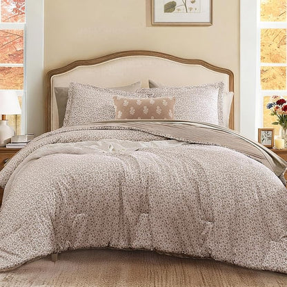 Full Comforter Set - 7 Pieces Dark Brown Gauze Muslin Bedding Sets for All Seasons, Lightweight Breathable Bed in a Bag Full with Revesible Farmhouse Comforter, Sheets, Pillowcases & Shams
