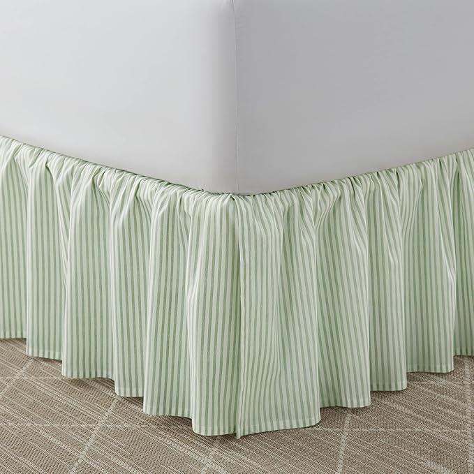 Laura Ashley Home - Twin Bedskirt, Cotton Ruffled Bedding, Smooth & Lightweight, Dorm Essentials, Oeko-Tex Certified (Ticking Stripe Green)