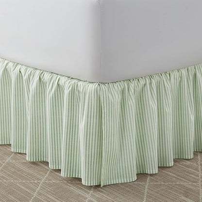 Laura Ashley Home - Twin Bedskirt, Cotton Ruffled Bedding, Smooth & Lightweight, Dorm Essentials, Oeko-Tex Certified (Ticking Stripe Green)