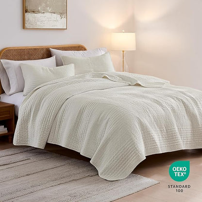 palassio Striped Beige 100% Cotton Quilt California Cal King Size Bedding Sets, Oversized Lightweight Channel Pick Stitch Textured Bedspread Soft Farmhouse Country Coverlet for All Season, 2 Shams