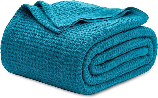 Bedsure Gentlesoft 100% Cotton Blanket Twin XL Size for College Dorm - Breathable and Soft for Spring Summer, Waffle Weave Twin Blanket for Bed, Dorm Room Essentials, Teal, 66x90 inches