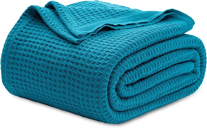 Bedsure Gentlesoft 100% Cotton Blanket King Size for Bed - Breathable and Soft for Spring Summer, Thick Cozy Waffle Weave Blanket Gifts for Women, Teal, 104x90 inches