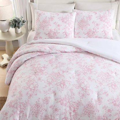 Laura Ashley - Comforter Set, Soft Poly Waffle Textured Bedding with Matching Sham, Delicate Floral Design (Delphine Pastel Pink, Twin)