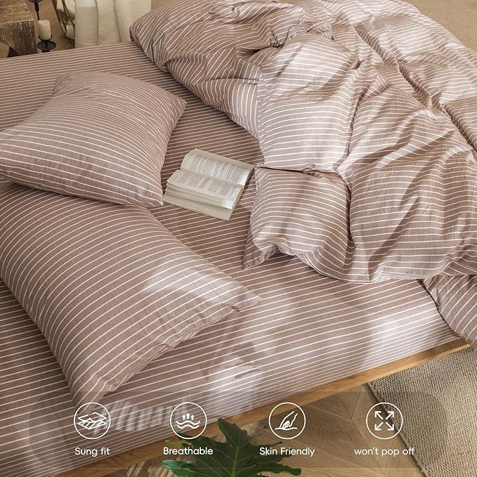 MooMee Stripes Fitted Bottom Sheet Only 100% Washed Cotton Linen Like Textured Breathable Durable Soft Comfy Deep Pocket (Orange White Wide Stripes, King)